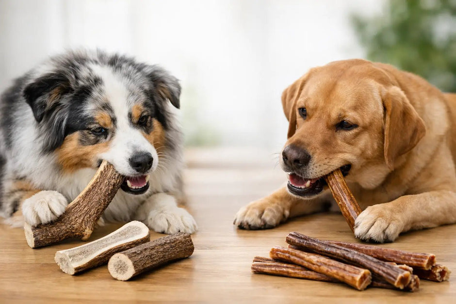 Antler Chews vs Bully Sticks for Dogs - Chomper chewz