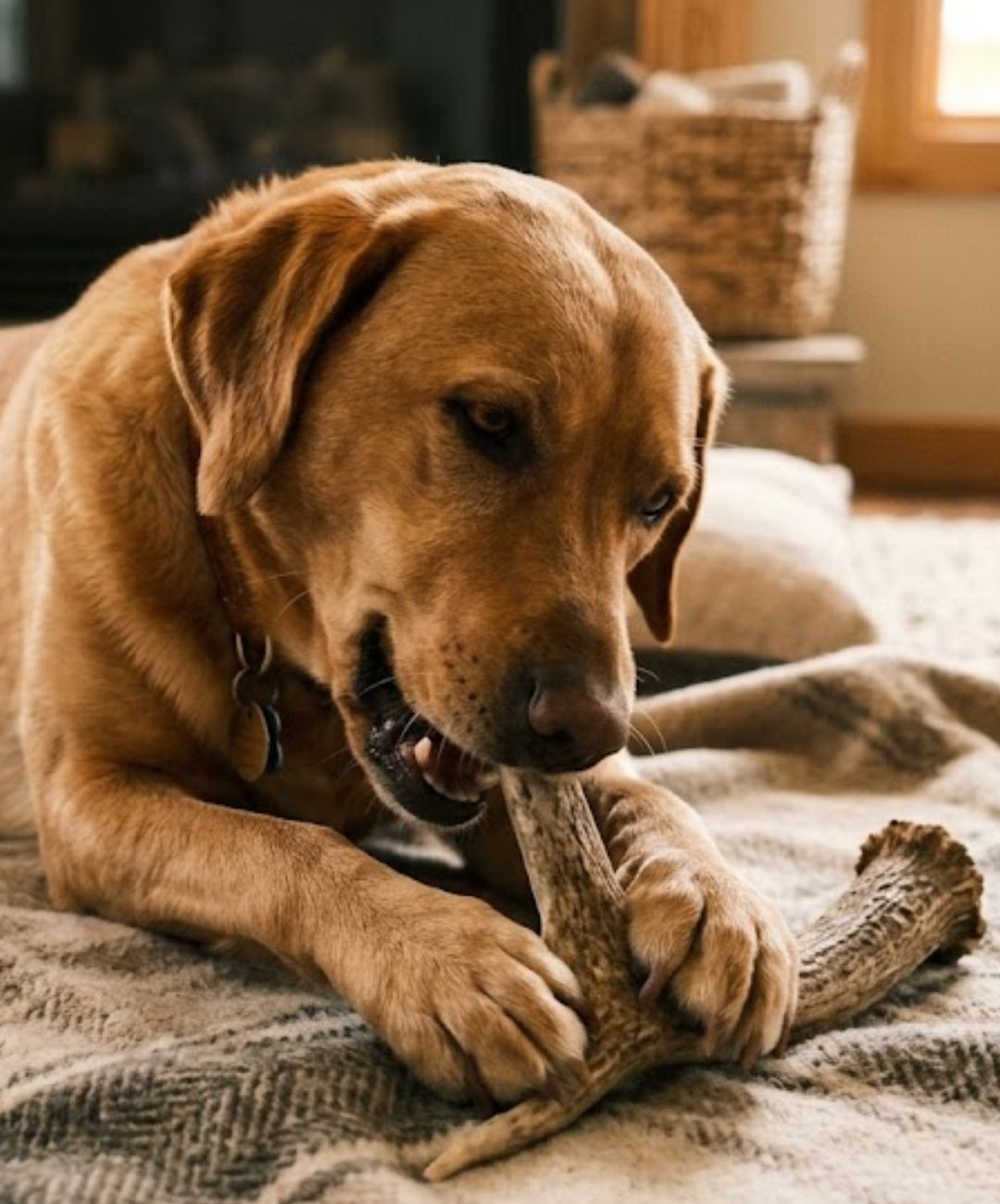 A golden Labrador Retriever lying on a textured blanket, gnawing on a large, branched antler chew.