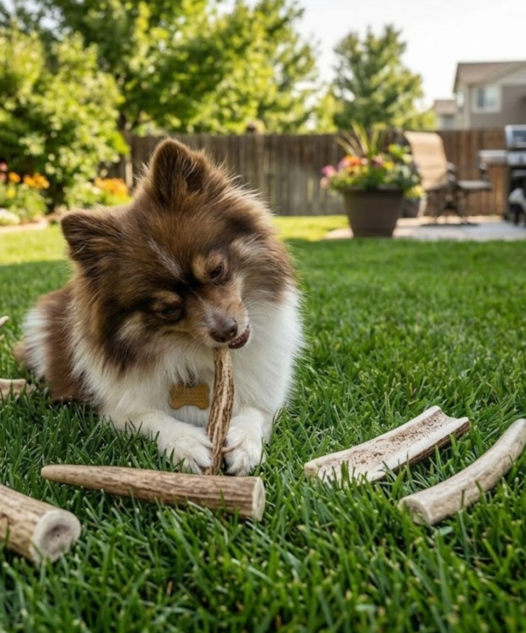 A small, long-haired brown and white dog sitting in green grass, surrounded by several scattered antler chews.