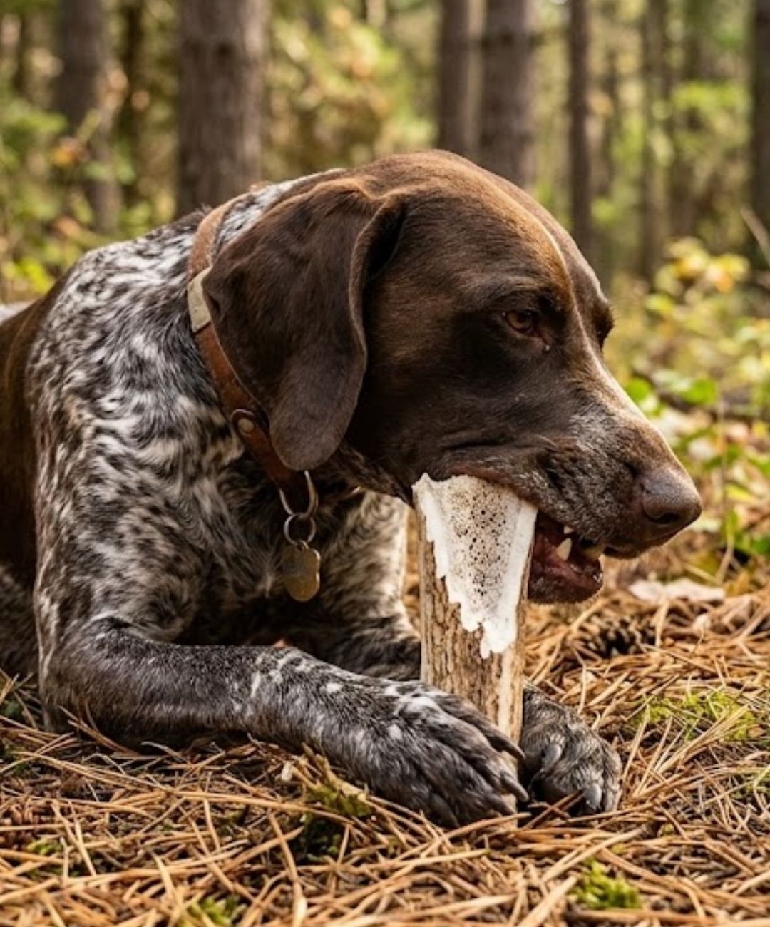 A German Shorthaired Pointer lying in a pine forest, holding a split antler chew between its paws.
