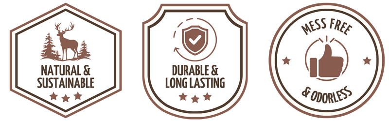 Three trust badges representing "Natural & Sustainable," "Durable & Long Lasting," and "Mess Free & Odorless" dog chews.