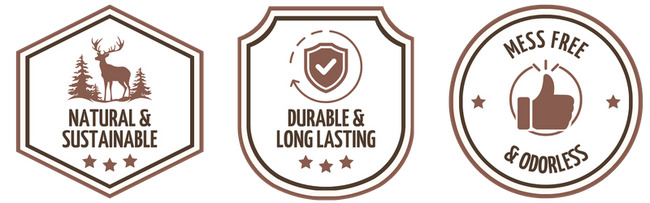 Three trust badges representing "Natural & Sustainable," "Durable & Long Lasting," and "Mess Free & Odorless" dog chews.